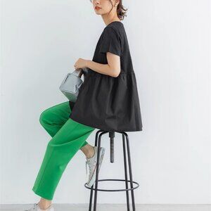 Japanese Style Black Round Neck Patched Blouse - One Size